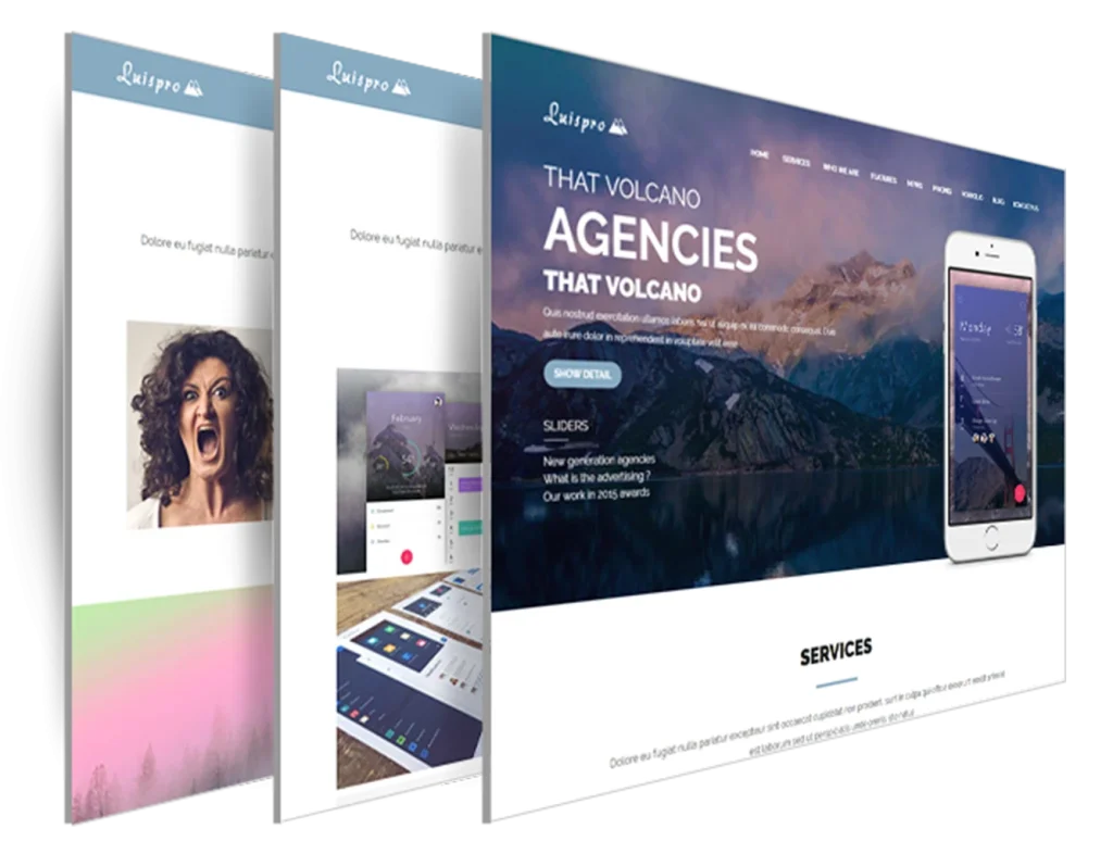 modern website design mockups in a layered stack layout